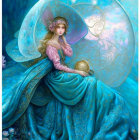 Luxurious blue gown woman under oversized shell with pearls and golden teapot