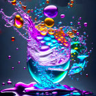 Colorful digital artwork: Glass with splashing liquid in blue, purple, and orange on dark backdrop