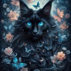 Intricate floral pattern with black cat and blue eyes