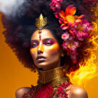 Colorful makeup and floral headpiece with fiery design on golden backdrop