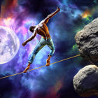 Shirtless man tightrope walks in space with cosmic background