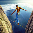 Muscular man balances on slackline between mountain peaks