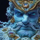 Blue-skinned character with regal crown and oceanic-themed beard.