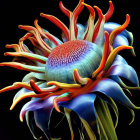 Vividly colored flower with blue center and orange-red petals on black background