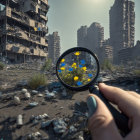 Magnifying glass reveals vibrant flowers in war-torn cityscape