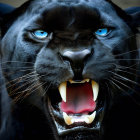 Black Panther Snarling with Blue Eyes in Close-Up Shot