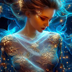 Mystical woman with luminescent hair in sheer garment, glowing blue aura.