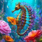 Steampunk-inspired seahorse surrounded by undersea flora and metallic elements