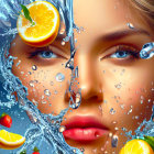 Close-up of person's face with splashing water and lemon slices.