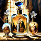 Ornate perfume bottles with golden designs and white flowers on luxurious backdrop