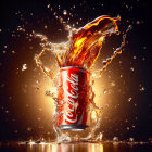 Dynamic Coca-Cola Can with Liquid Splash on Warm Backdrop