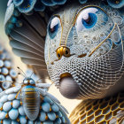 Surreal digital artwork: humanoid figure with bee-like features and spherical structures.