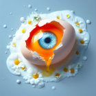 Artistic rendering of blue human eye in egg yolk on grey surface