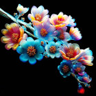 Iridescent Blue, Pink, and Orange Flowers on Dark Background