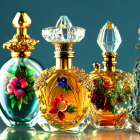 Colorful Floral Patterned Ornate Perfume Bottles on Reflective Surface