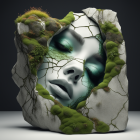 Surreal female face merging with moss-covered rock