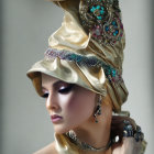 Elegant Woman in Gold Hat and Jewel-Embellished Attire