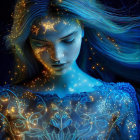 Fantasy portrait of woman with glowing skin and luminous blue dress