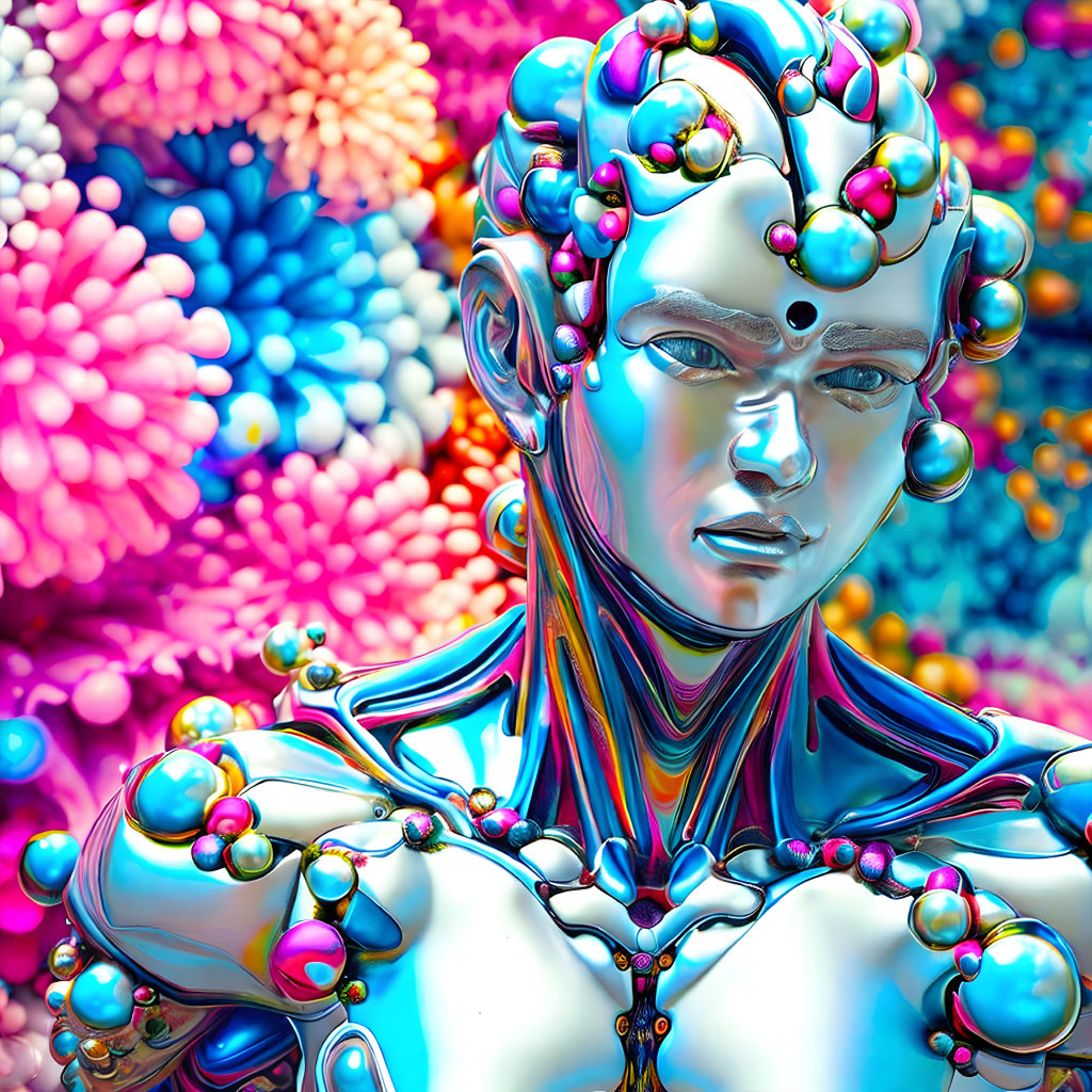 Colorful digital artwork: metallic humanoid with beads on neon fractal background