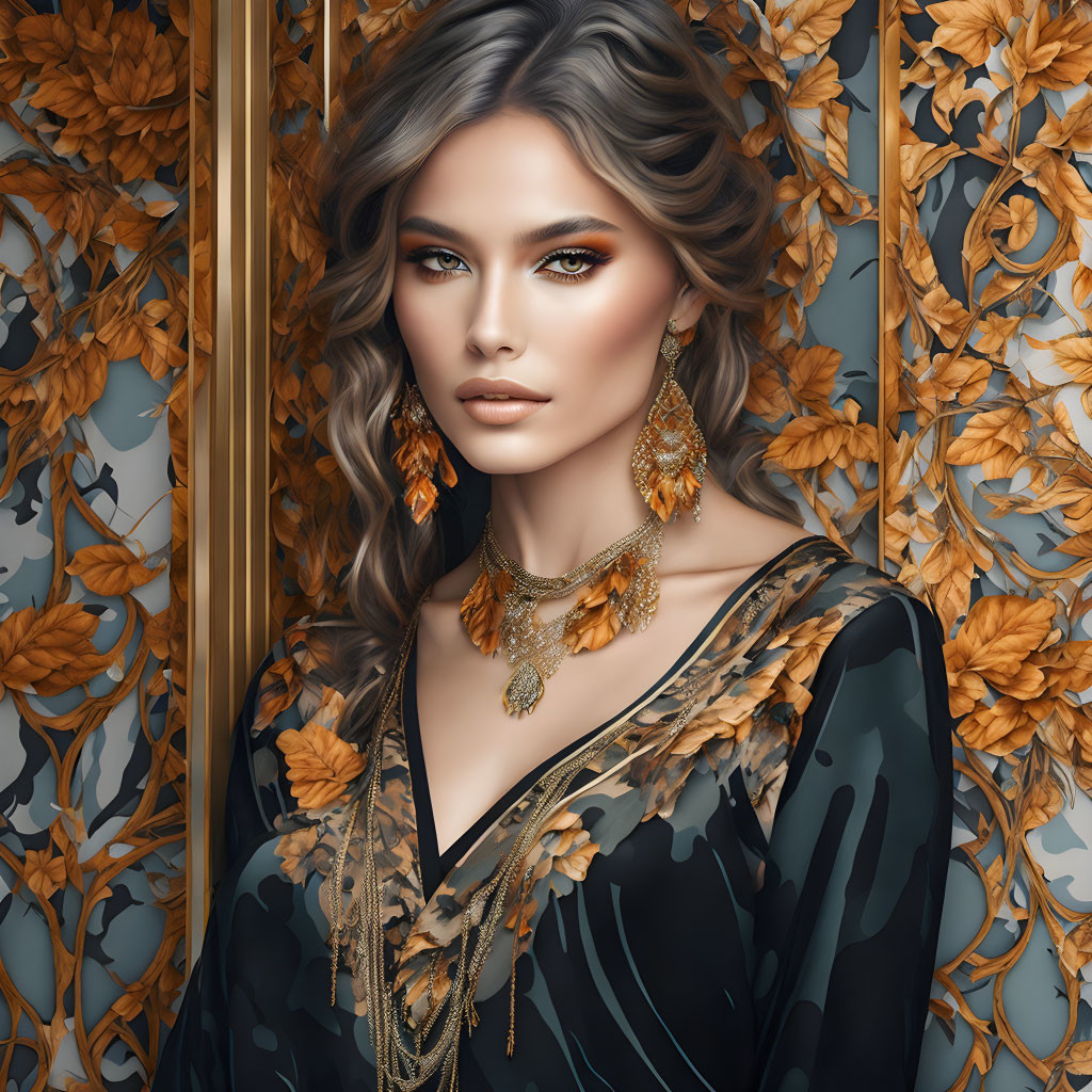 Digital artwork: Woman in black outfit with golden jewelry on ornate blue background