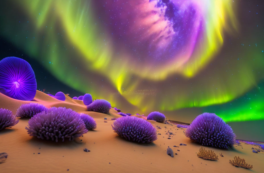 Vibrant aurora over surreal landscape with purple plants and cosmic stars