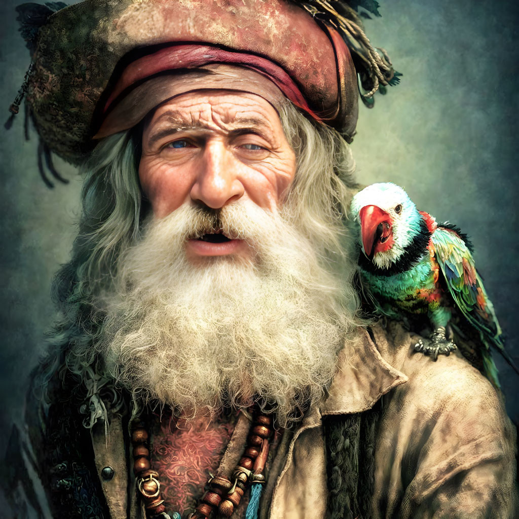 Elderly pirate with weathered face and parrot portrait