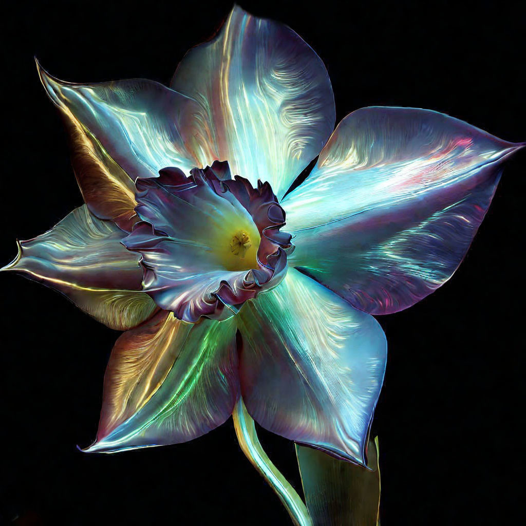 Luminescent iridescent flower with shimmering colorful petals on dark background