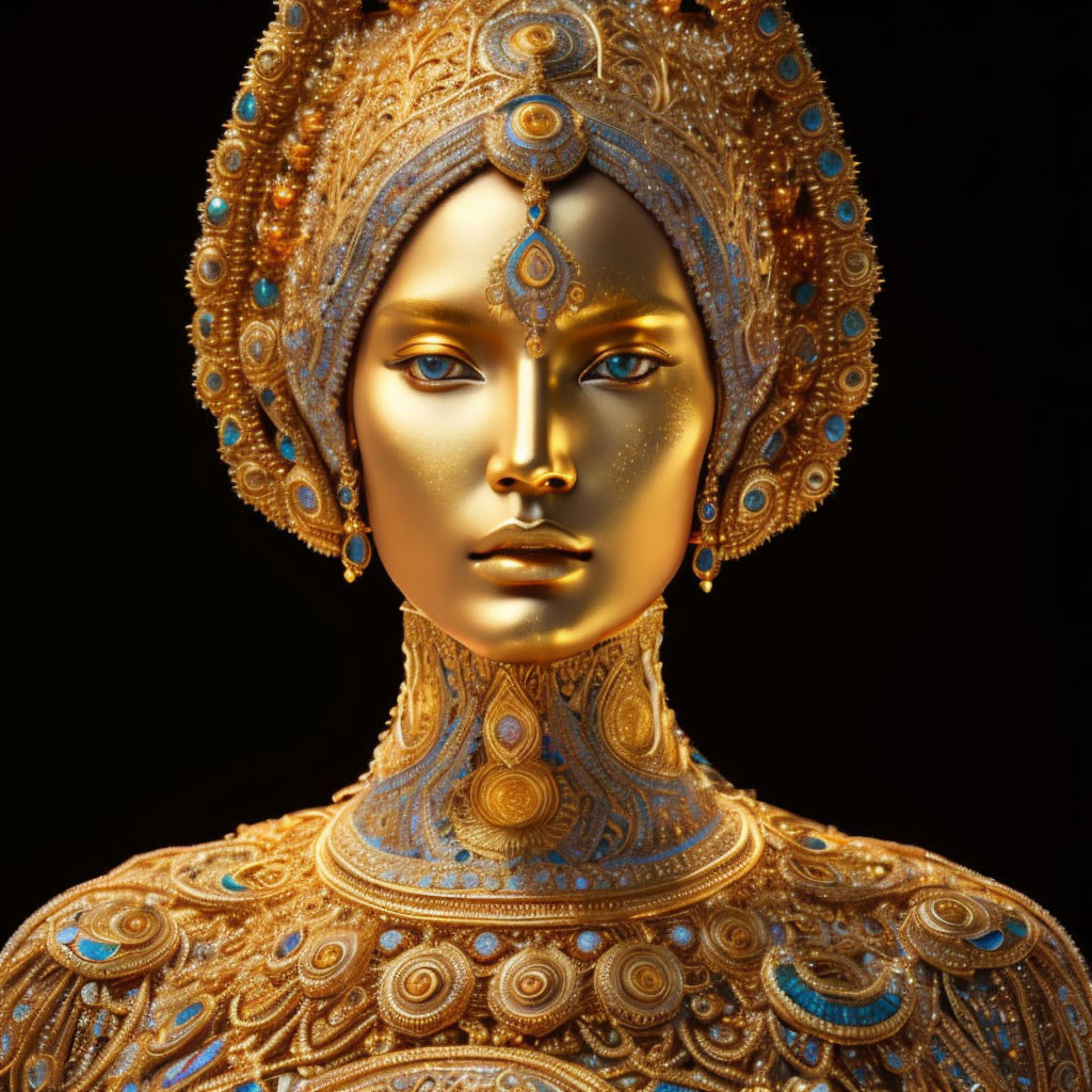 Golden humanoid figure with ornate headdress and jewelry on black background