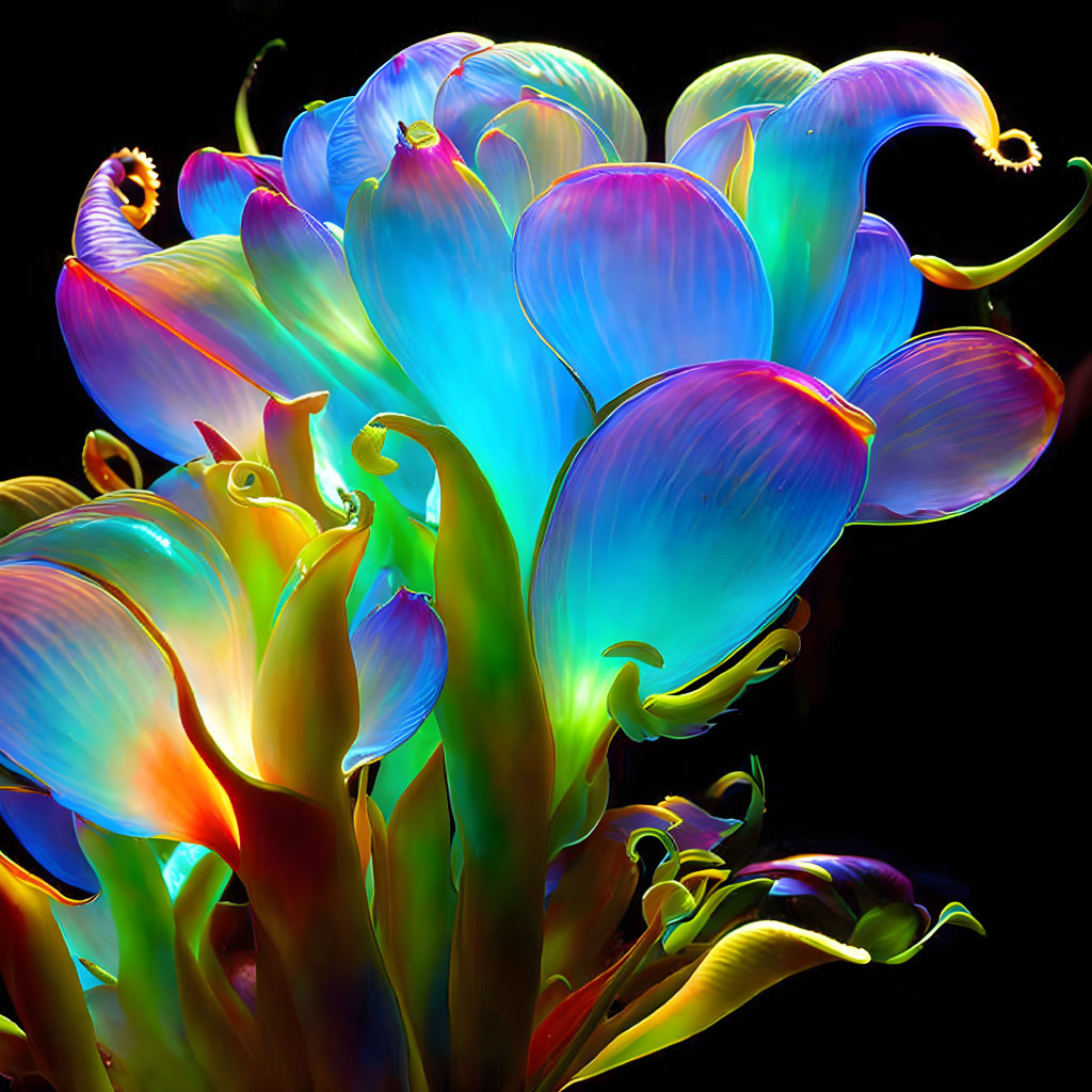 Vibrant multi-colored plant with neon-like petals in digital art