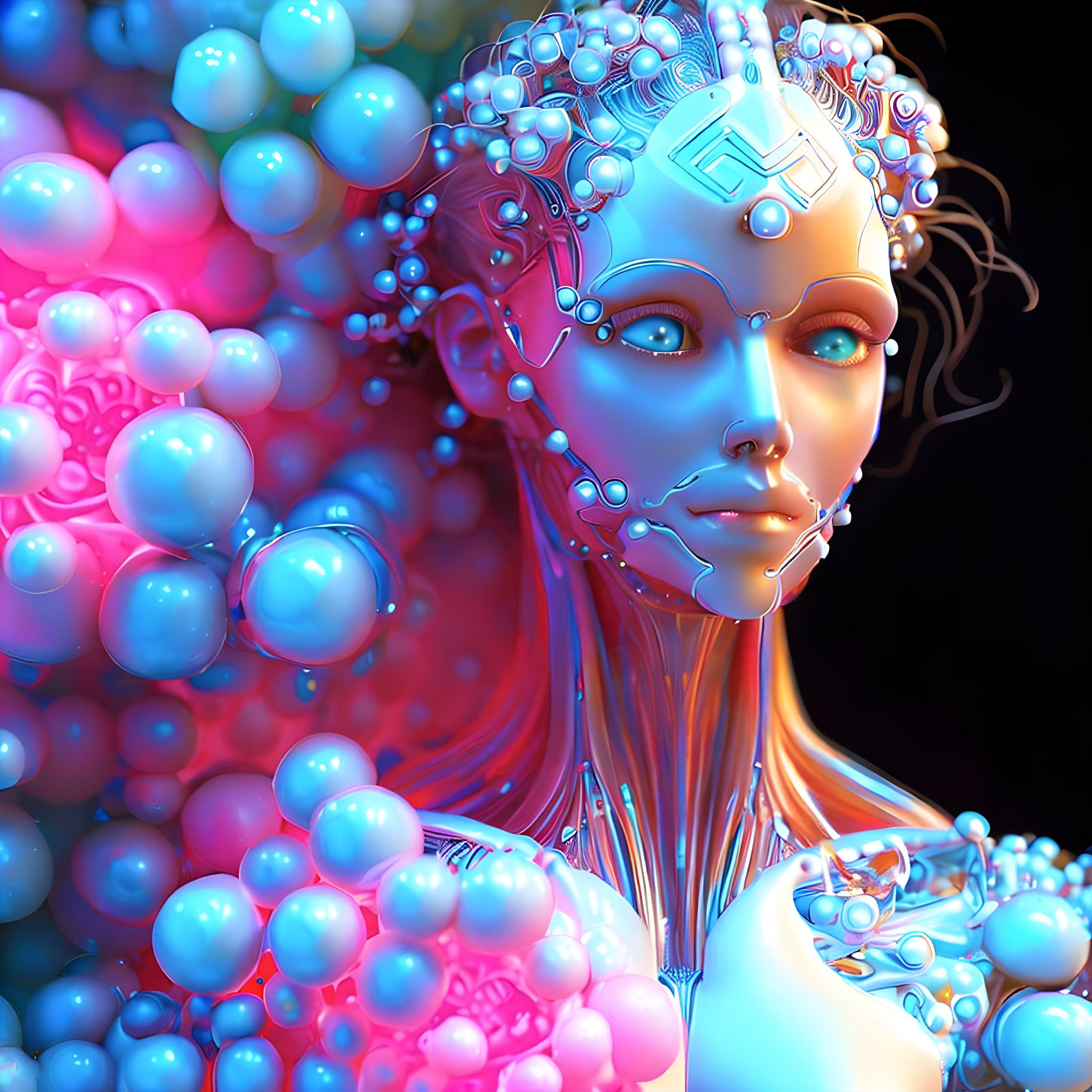 Colorful 3D illustration: Female android with blue circuitry and spheres