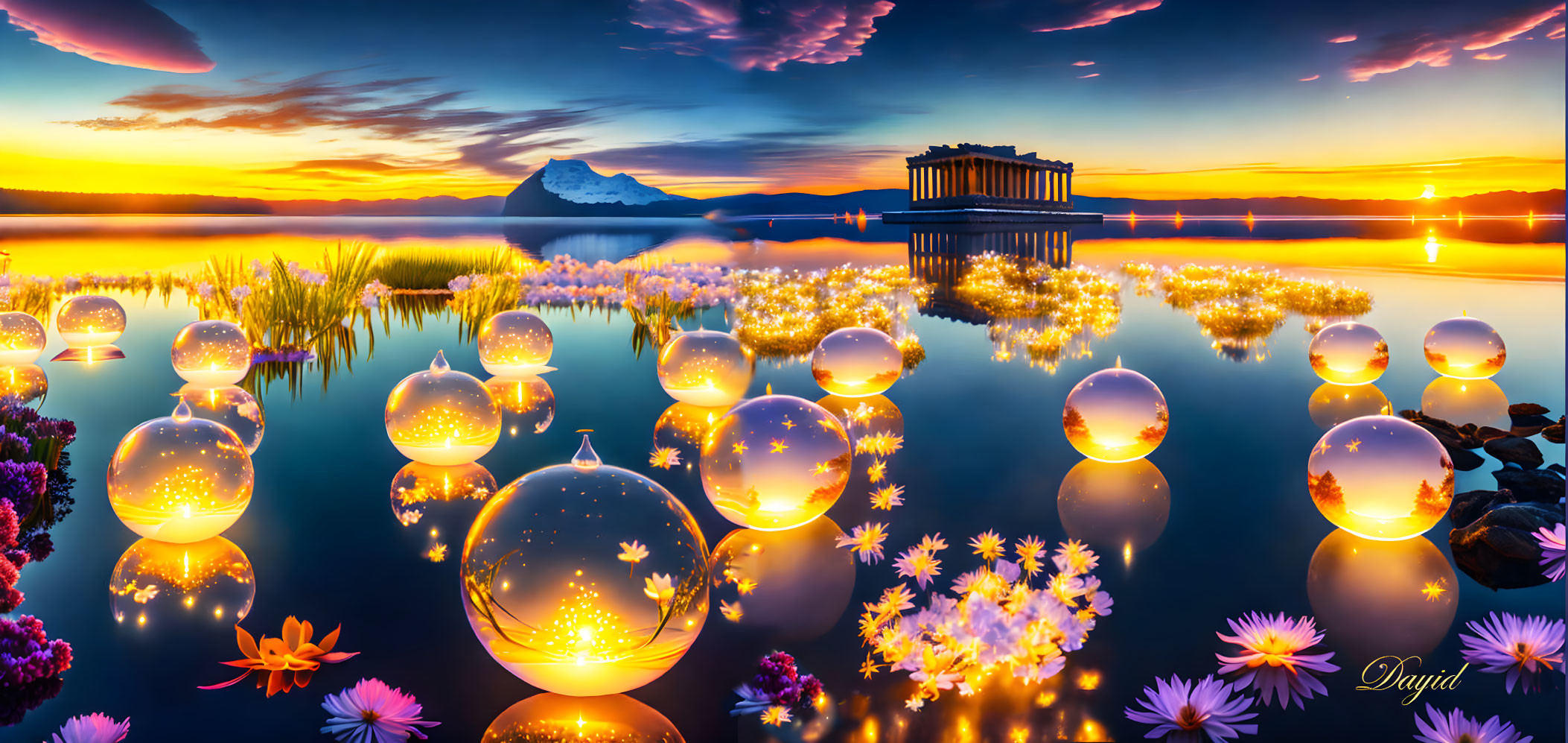 Scenic lake with glowing orbs, flowers, mountain, sunset sky, and temple.