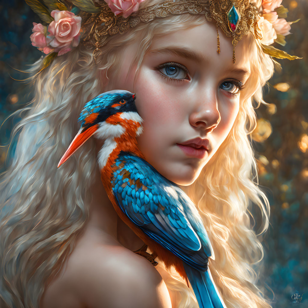 Young girl with curly blond hair and floral crown, accompanied by colorful kingfisher bird.