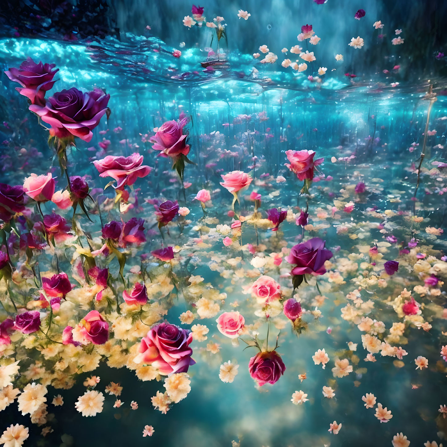 Pink and Red Roses in Surreal Underwater Garden