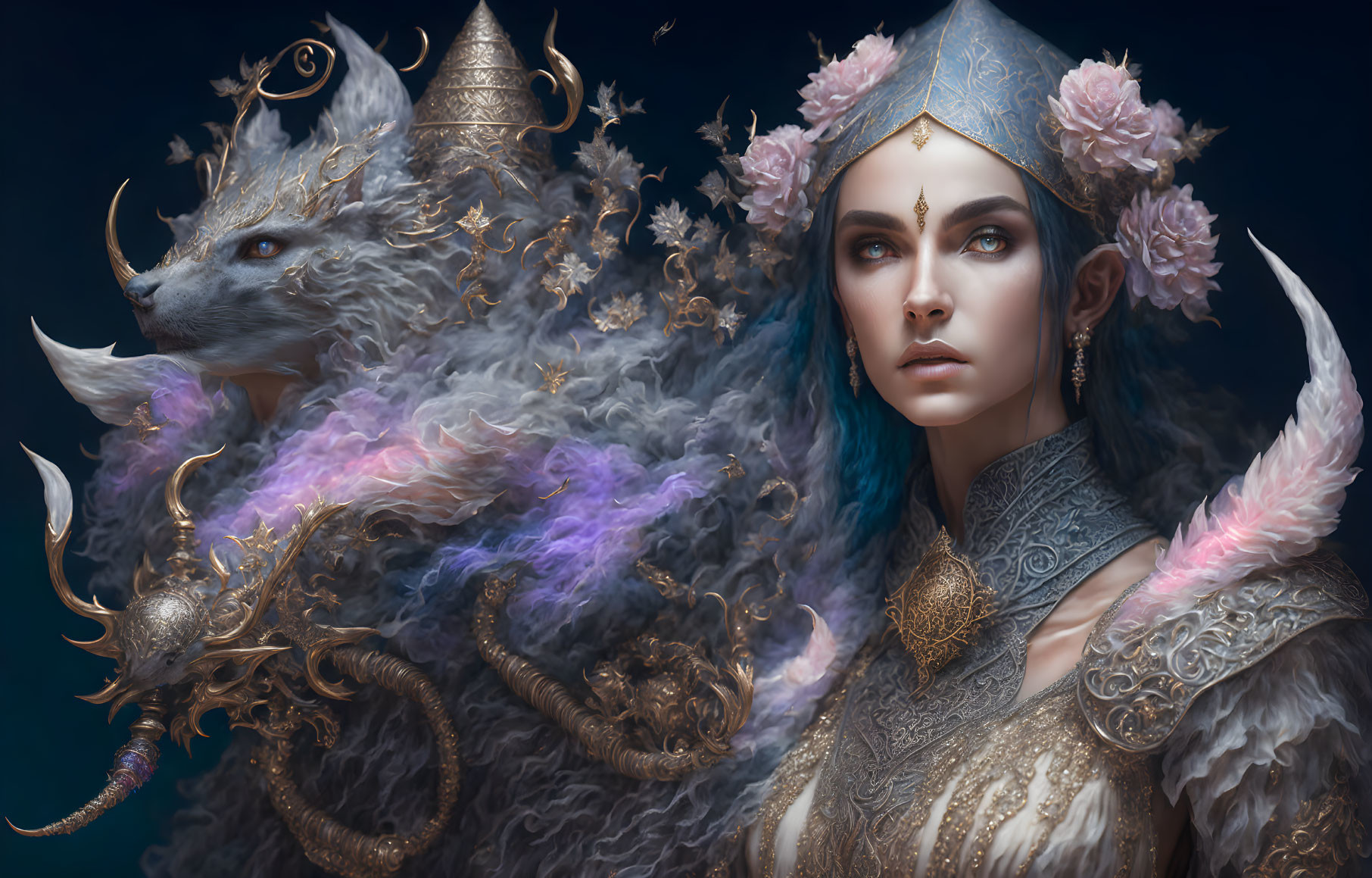 Fantasy portrait of a woman with blue eyes and ornate attire, with a mystical wolf creature.