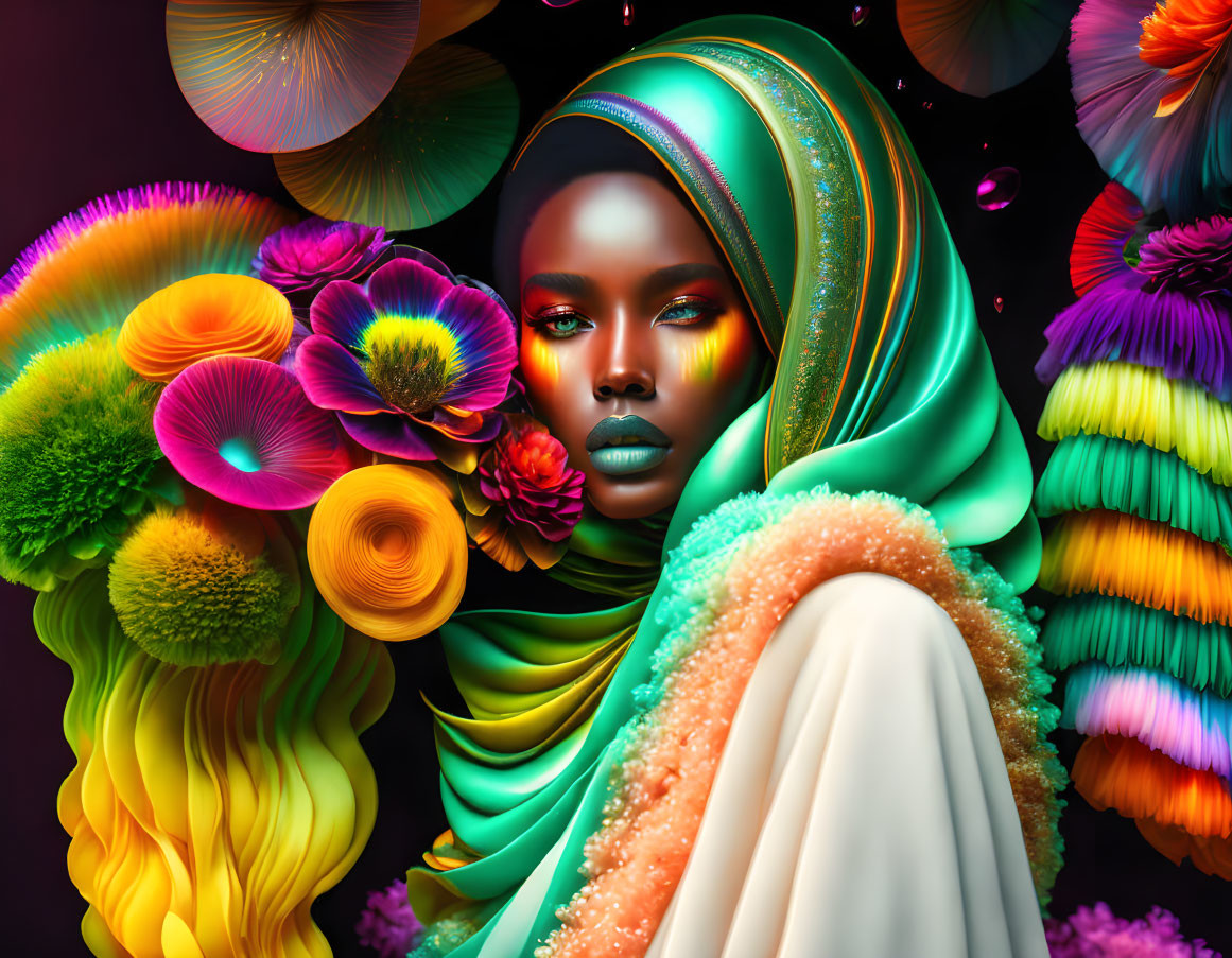 Colorful digital artwork of a woman with vibrant features and floral surroundings