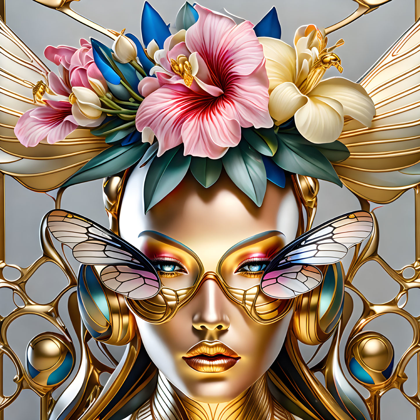 Detailed Woman Portrait with Floral Headdress & Butterfly Sunglasses