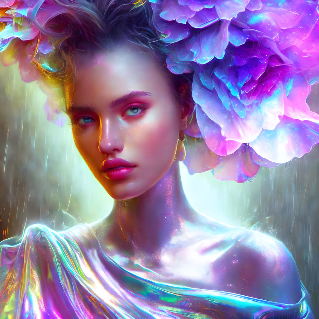 Woman with blue eyes and purple flowers in hair in shimmering rain and iridescent garment