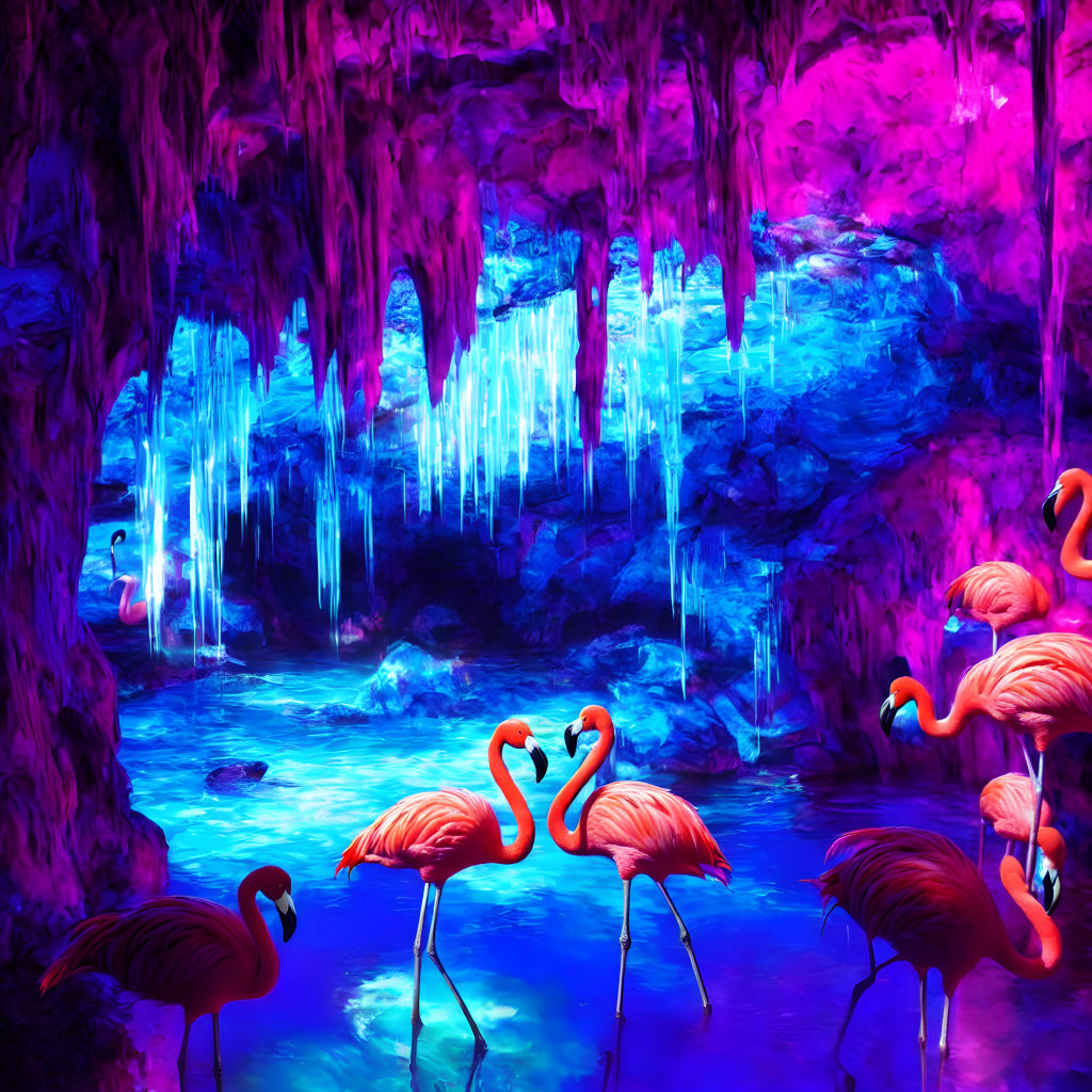 Vibrant digital art: Pink flamingos in neon-lit cave