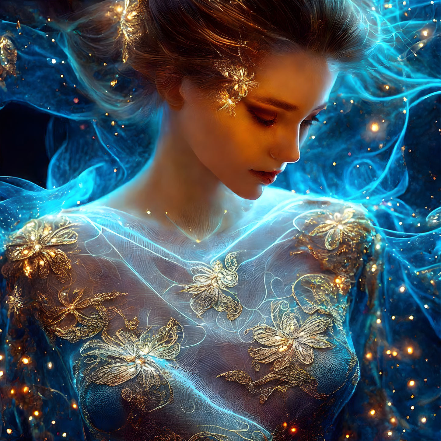 Mystical woman with luminescent hair in sheer garment, glowing blue aura.