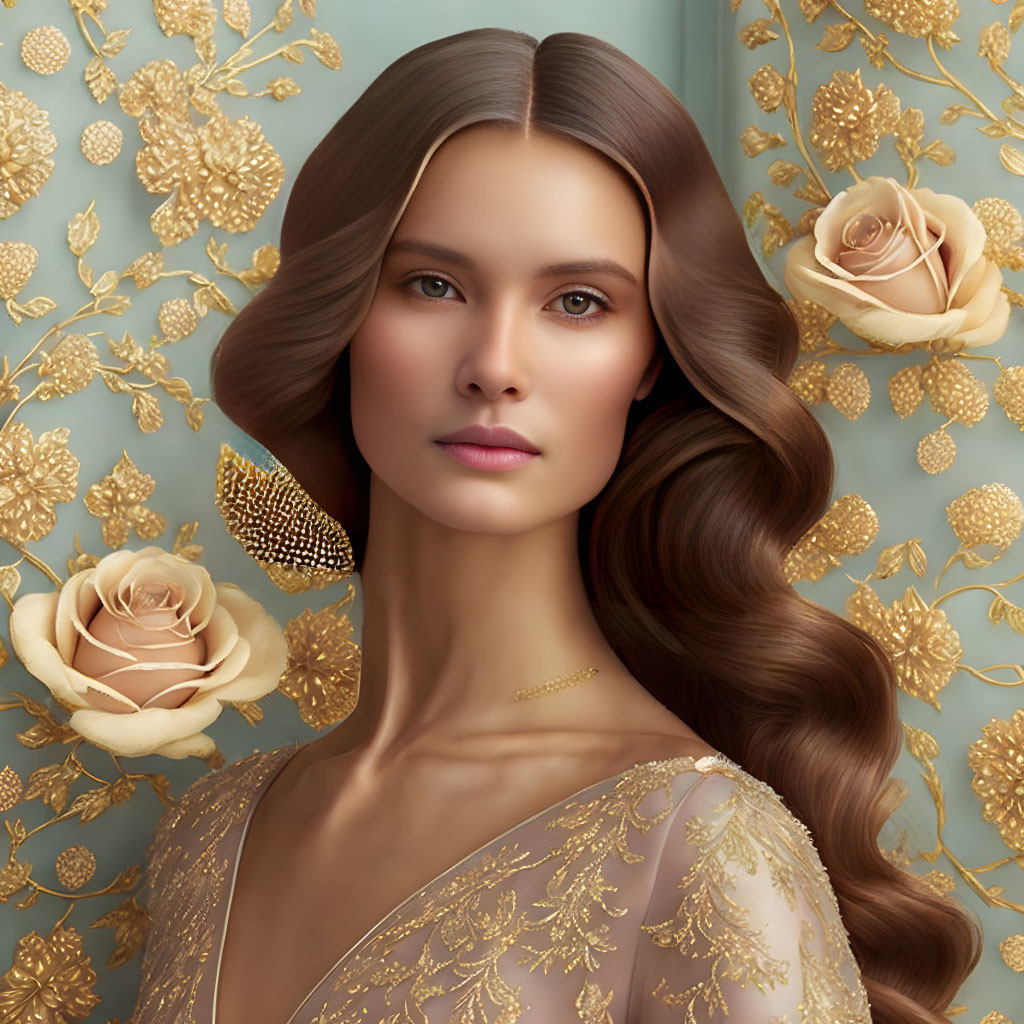 Portrait of a woman with long wavy hair and gold jewelry on blue background with golden roses.