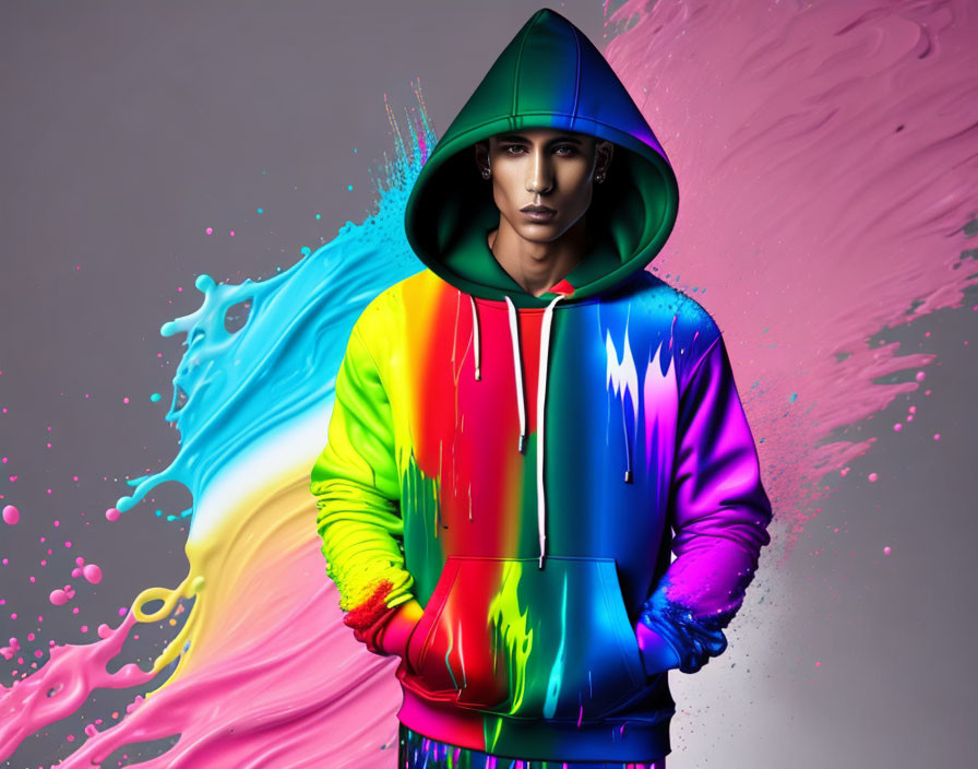 Colorful Rainbow Hoodie Person Surrounded by Paint Splashes