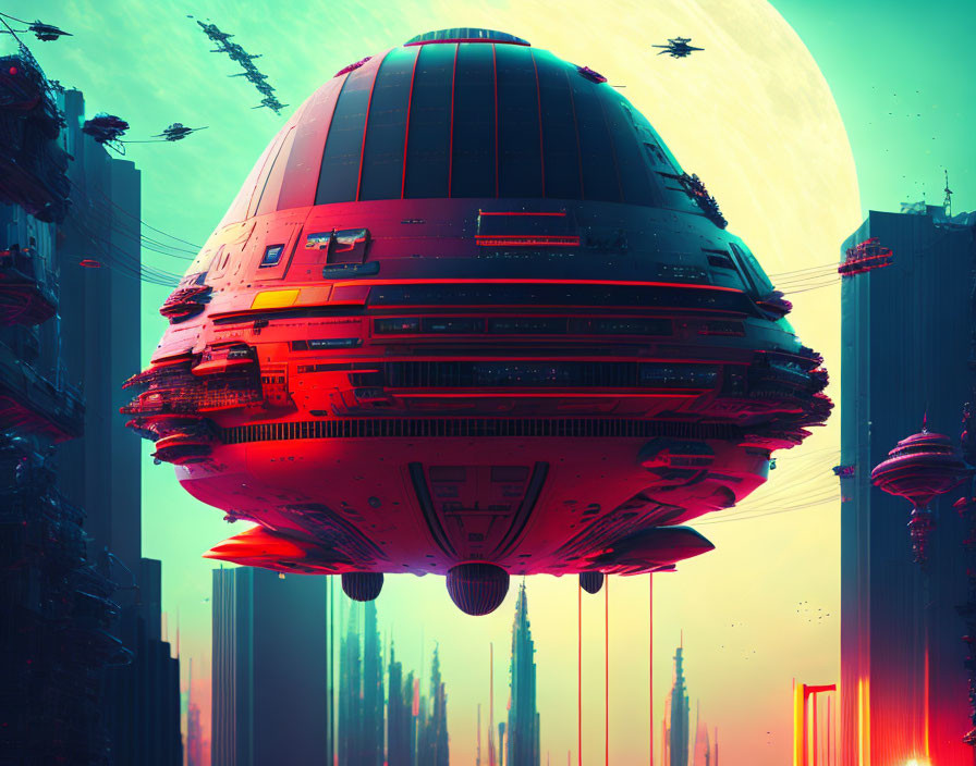 Futuristic spacecraft over neon-lit cityscape with sun & ships