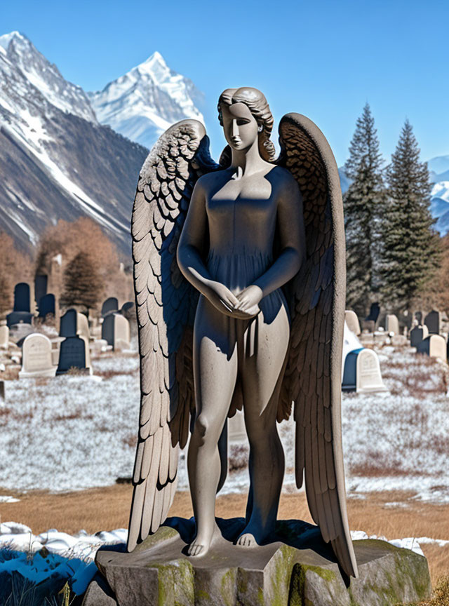 Angel statue in snowy cemetery with mountain backdrop under clear blue sky