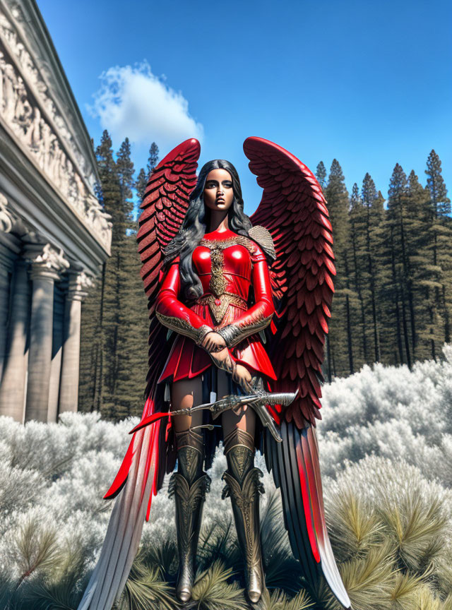 Warrior with Large Red Wings in Metallic Armor with Sword in Forested Area