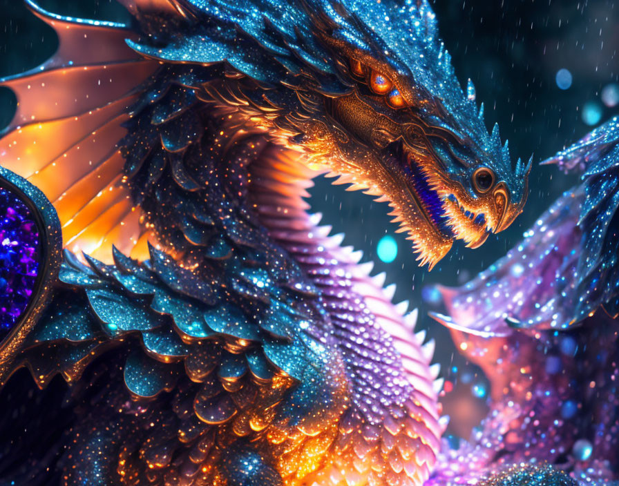 Colorful Dragon with Blue Scales on Sparkling Snowflake Background