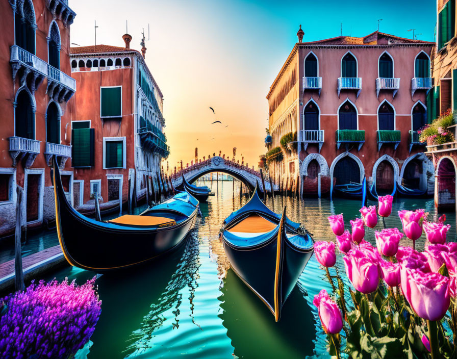 Venice Canal Scene with Gondolas and Colorful Buildings