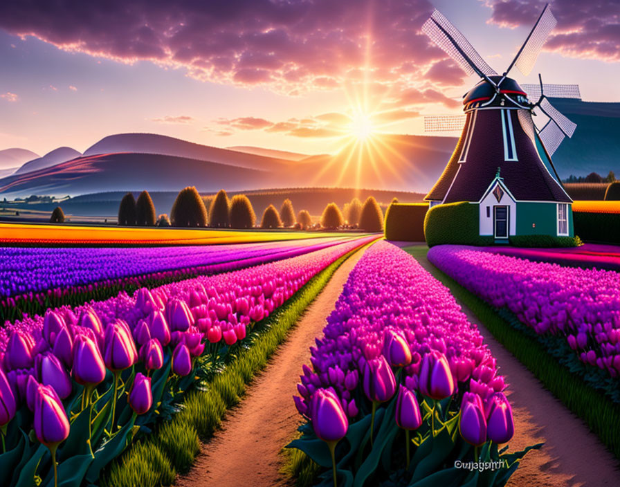 Vibrant sunset sky over colorful tulip fields and windmill