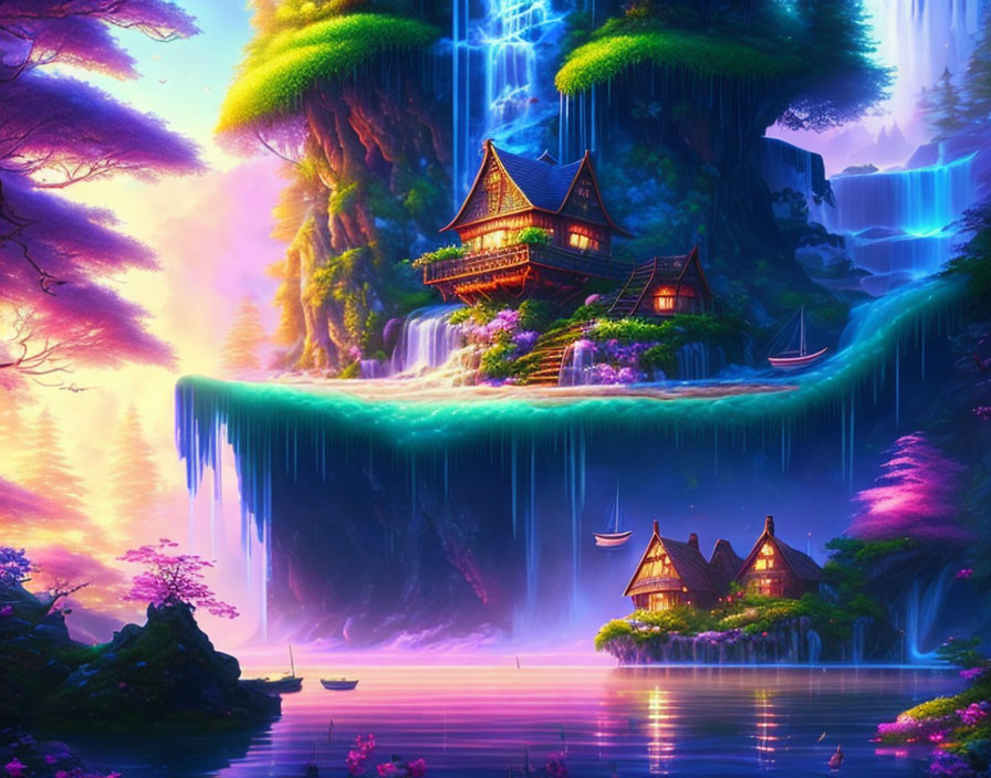 Vibrant Fantasy Landscape with Waterfall Village and Serene Lake