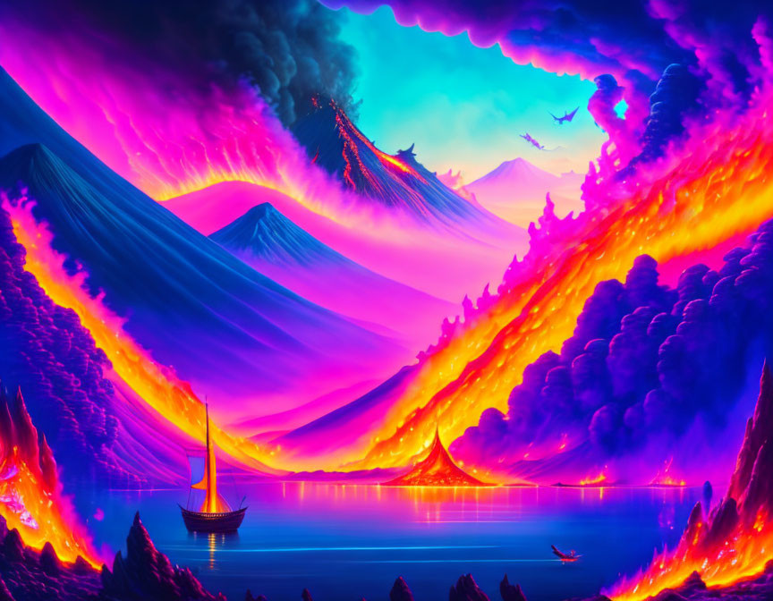 Surreal digital artwork: erupting volcanoes, pink and blue sky, serene sea, dragon