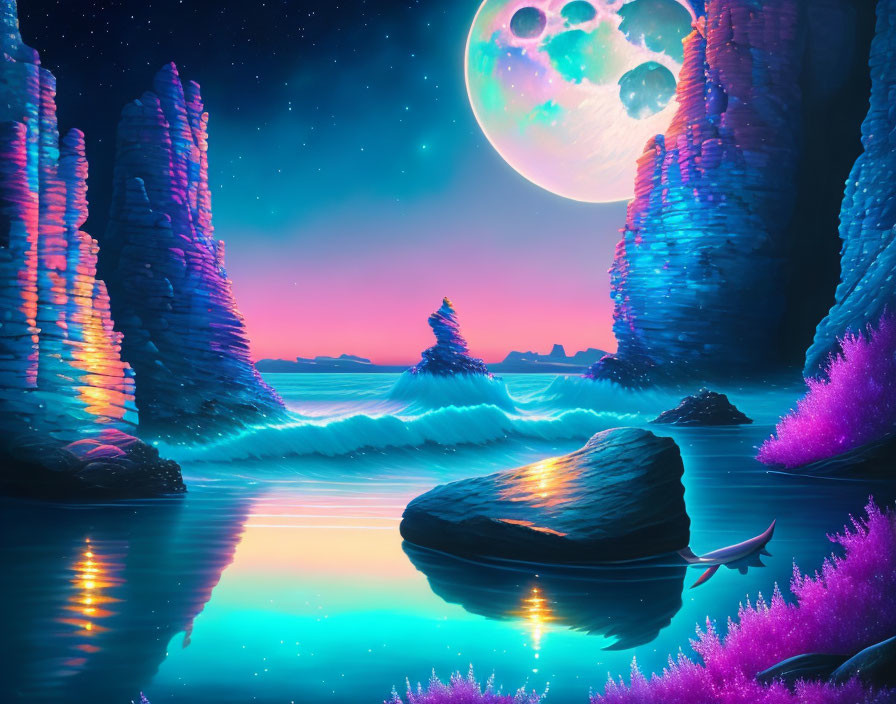 Colorful digital artwork of neon-lit surreal landscape with cliffs, sea, pink foliage, and moon